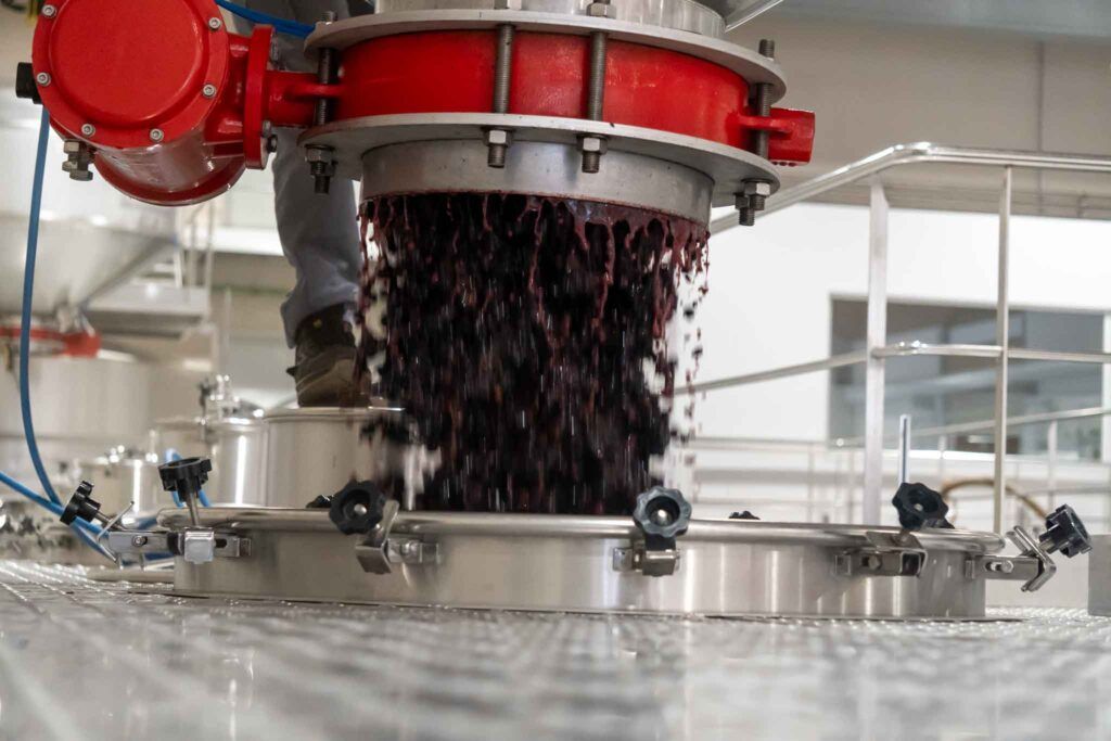 Vinificación por gravedad en Bodegas Carmelo Rodero 3 OVI vaciando uva en deposito de fermentacion